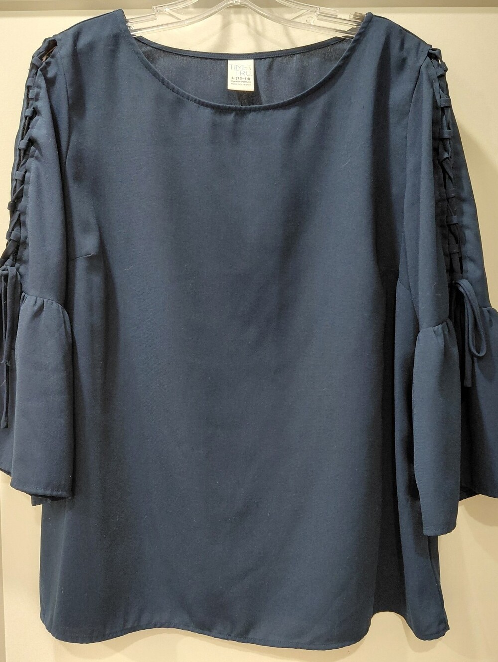 Time and Tru Sz L(12-14) Navy(Blue Cove) Lace-Up Sleeve Blouse